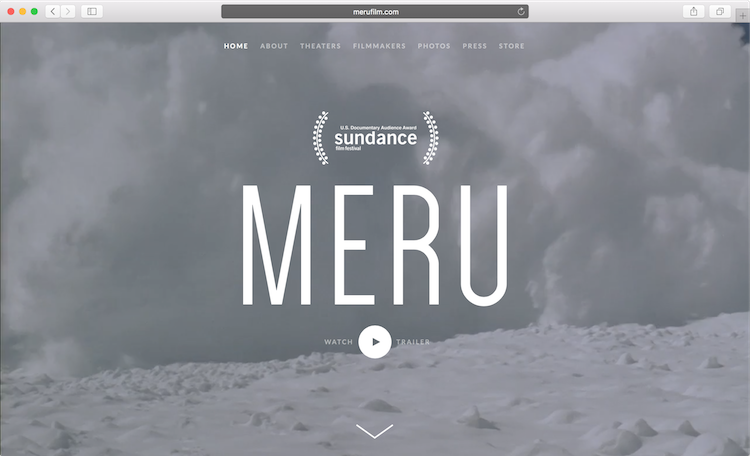 Screenshot of MeruFilm.com, the film's title overlays an Avalanche.